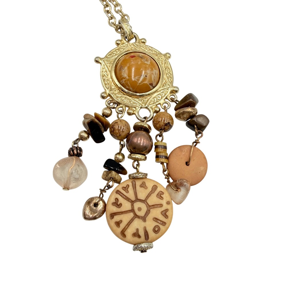 Express Necklace Womens OS Gold Brown Boho Tassel Medallion Mixed Stone Charm